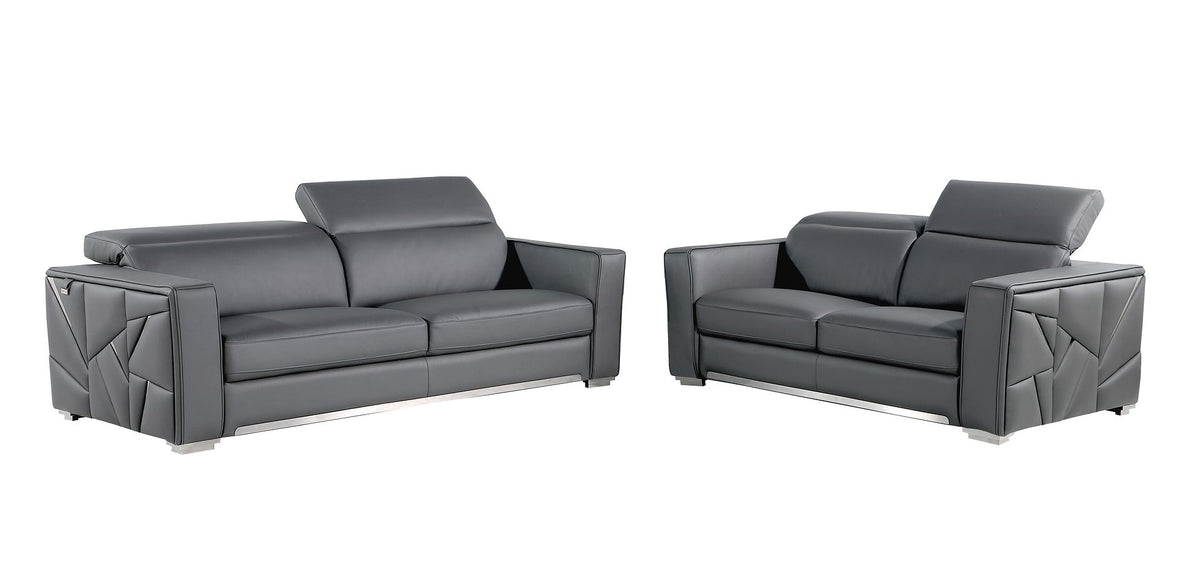 DivanItalia 1120 2-Piece Sofa Set with Adjustable Headrest in Top-Grain Italian Leather - Dark Gray