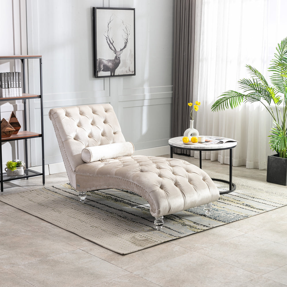 Velvet Chaise Lounge, Button-Tufted Upholstered Chair, Beige Velvet