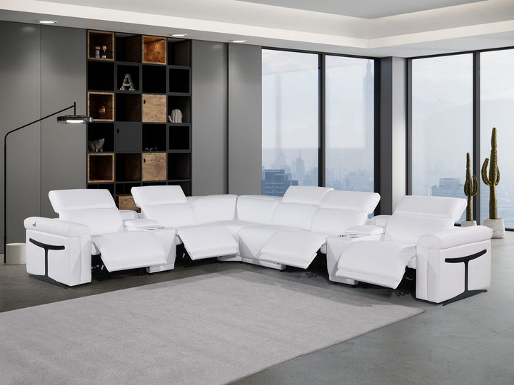 DivanItalia 1126 8-Piece L-Shaped Sectional Sofa in Top Grain Italian Leather with 4 Power Recliners &amp; Power Headrests - White