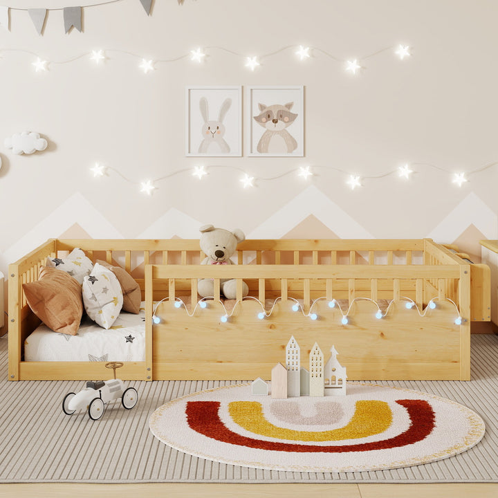 twin-montessori-floor-bed-frame-with-high-rails-and-storage-shelf-natural