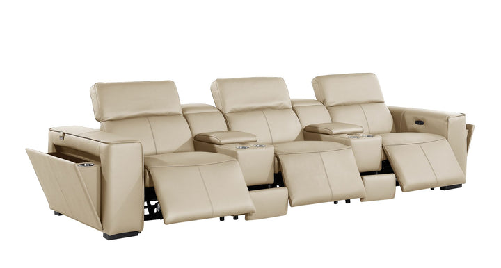 DivanItalia 1224 5-Piece Modular Power Reclining Sofa in Top Grain Italian Leather with 3 Power Recliners &amp; Power Headrests - Beige