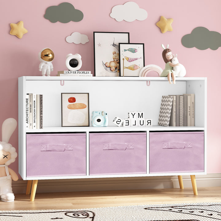 modern-kids-bookcase-with-collapsible-fabric-drawers-childrens-book-display-toy-storage-white-pink-mdf-pine-legs