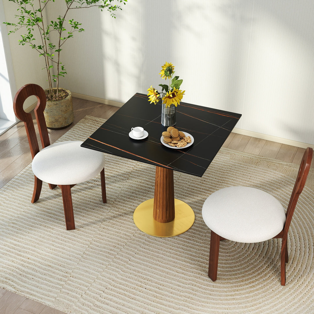 Modern Square Sintered Stone Dining Table with Wooden Leg & Gold Base, Black-Brown