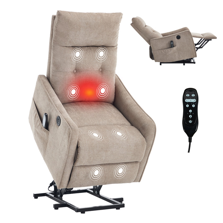Khaki Power Lift Recliner Chair with Heat, Massage, USB Charging &amp; Swivel for Elderly