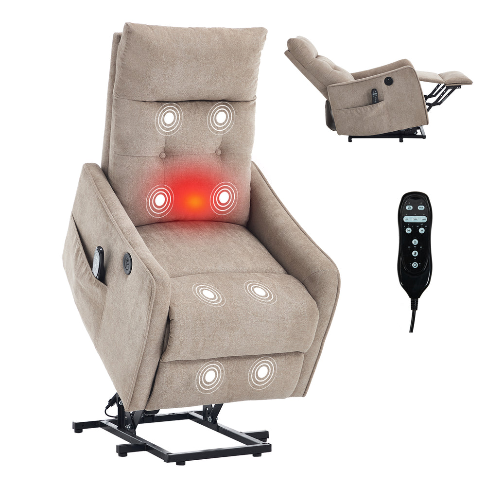 Khaki Power Lift Recliner Chair with Heat, Massage, USB Charging & Swivel for Elderly