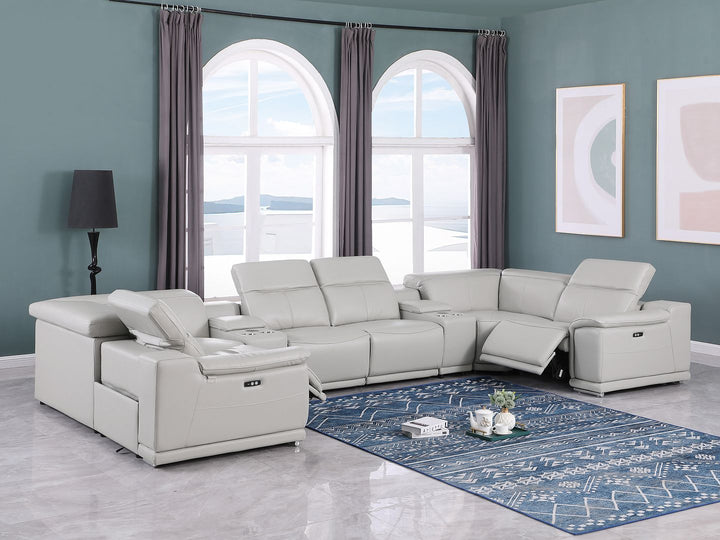 DivanItalia 9762 8-Piece U Shaped Top Grain Italian Leather Sectional Sofa with 2 Power Recliners - Light Gray