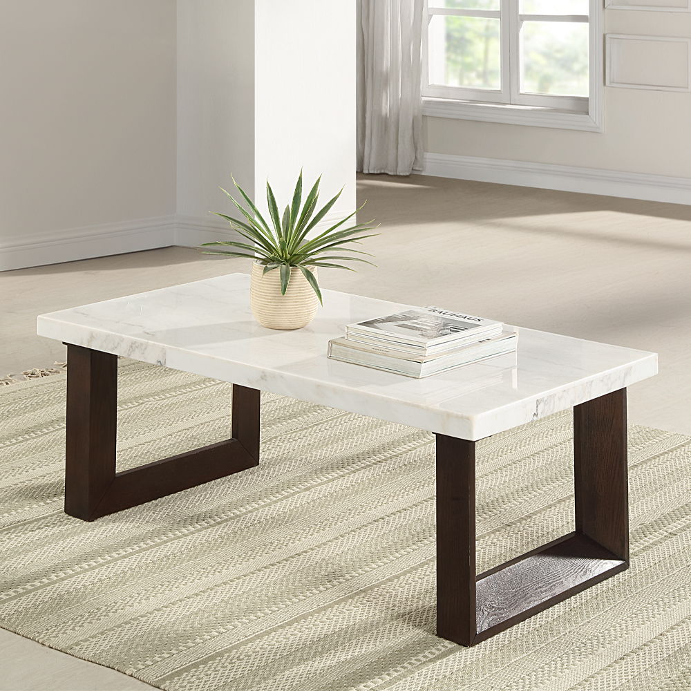 Edwyn - Coffee Table With Marble Top - White Natural Marble Top & Brown