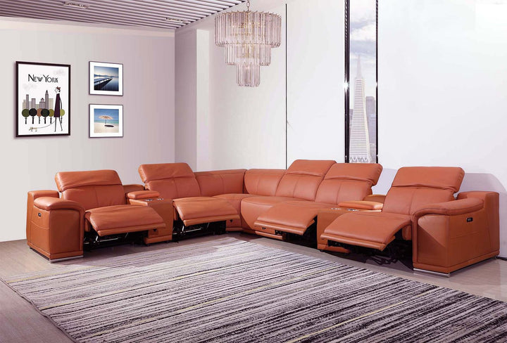 DivanItalia 9762 8-Piece L Shaped Top Grain Italian Leather Sectional Sofa with 4 Power Recliners - Camel