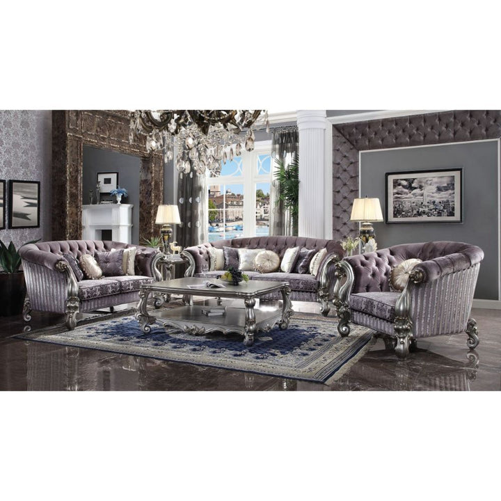 ACME Furniture Versailles Sofa With 7 Pillows Velvet & Antique Platinum