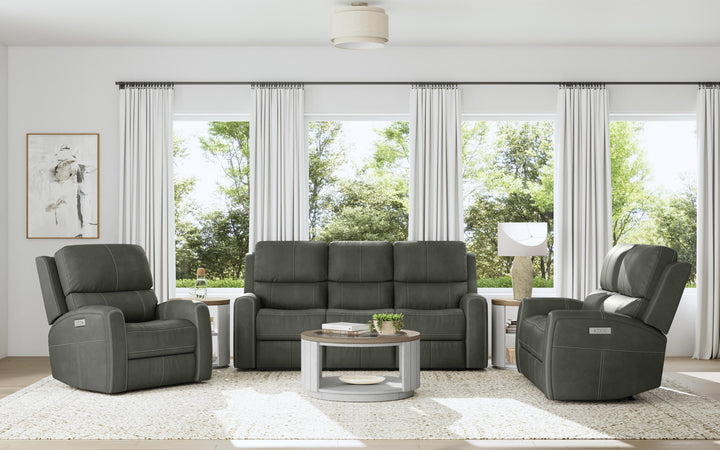 Linden Leather Power Reclining Loveseat with Power Headrests &amp; Lumbar in Charcoal