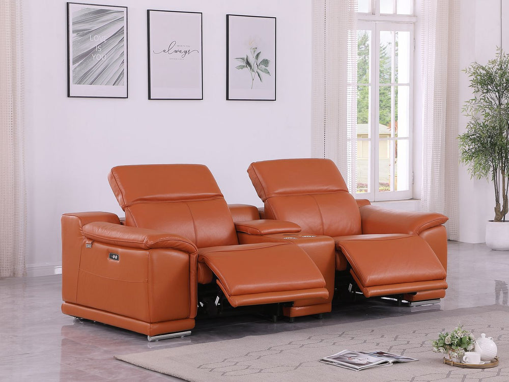 DivanItalia 9762 3-Piece Modular Power Reclining Console Loveseat with 2 Power Recliners in Top Grain Italian Leather - Camel