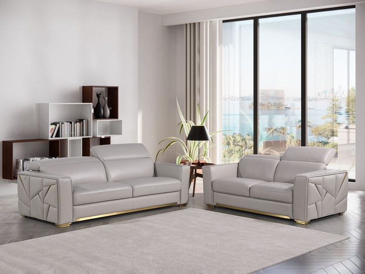 DivanItalia 1120 2-Piece Sofa Set with Adjustable Headrest in Top-Grain Italian Leather - Light Gray