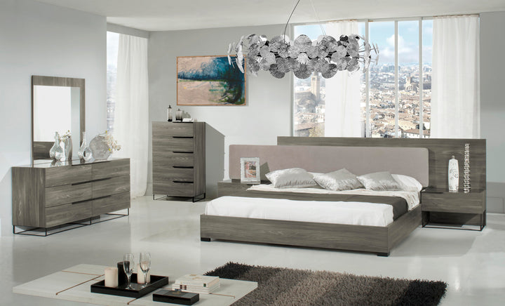 Enzo Italian Modern Grey Oak &amp; Fabric 4-Piece Bedroom Set