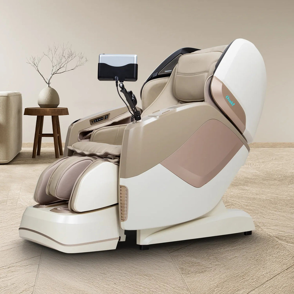 Elegant beige Osaki 4D Maestro LE 2.0 massage chair styled in a bright home interior.