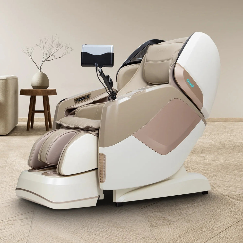 Elegant beige Osaki 4D Maestro LE 2.0 massage chair styled in a bright home interior.