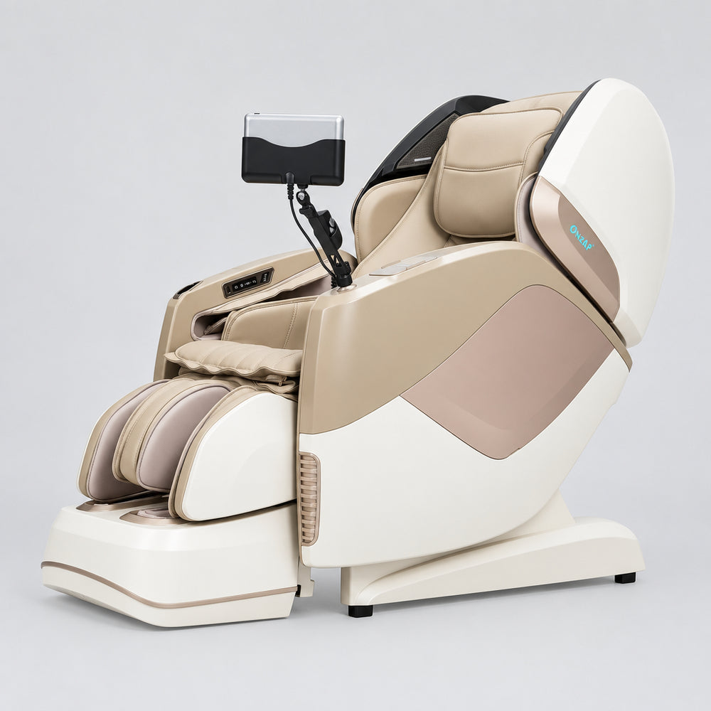 Modern beige Osaki 4D Maestro LE 2.0 massage chair perspective profile view.