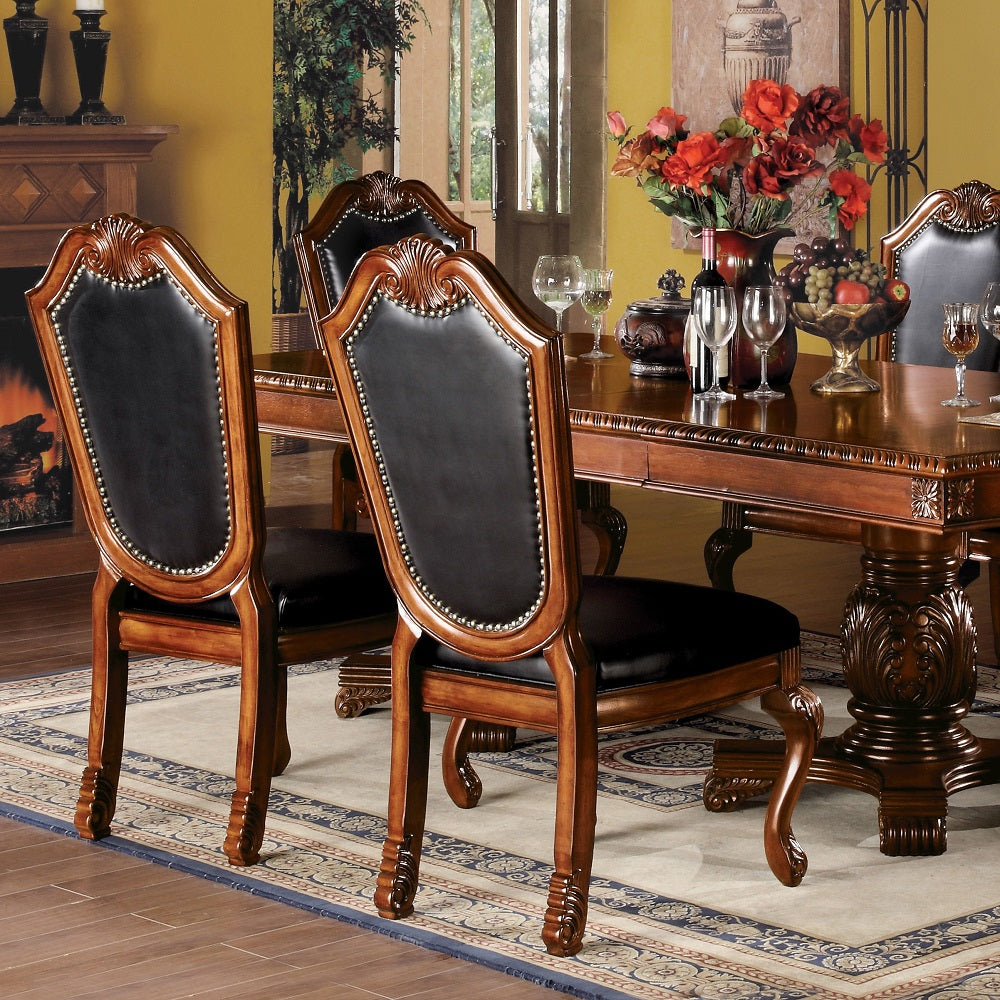 Chateau De Ville Side Chair (Set-2) in Black Synthetic Leather & Cherry Finish