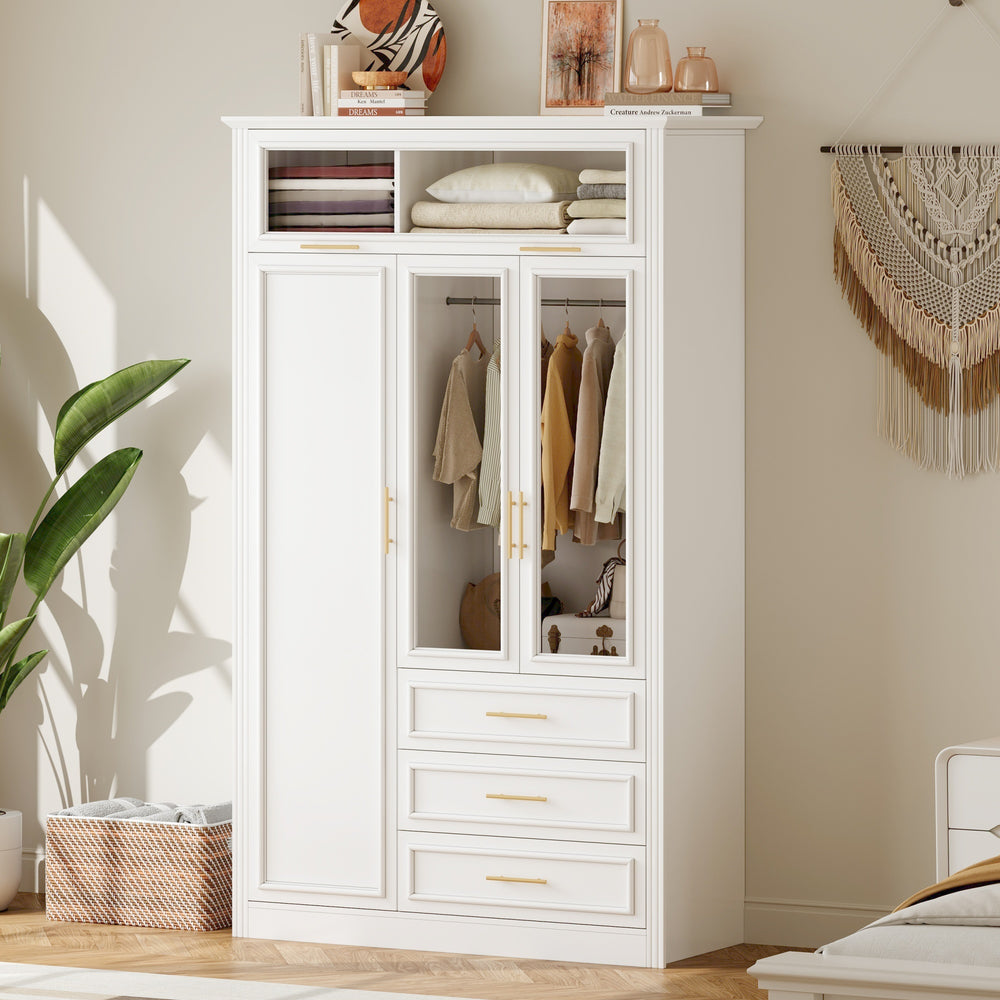 Modern White Beige Wardrobe with LED Lights, Drawers, Glass & Wooden Doors