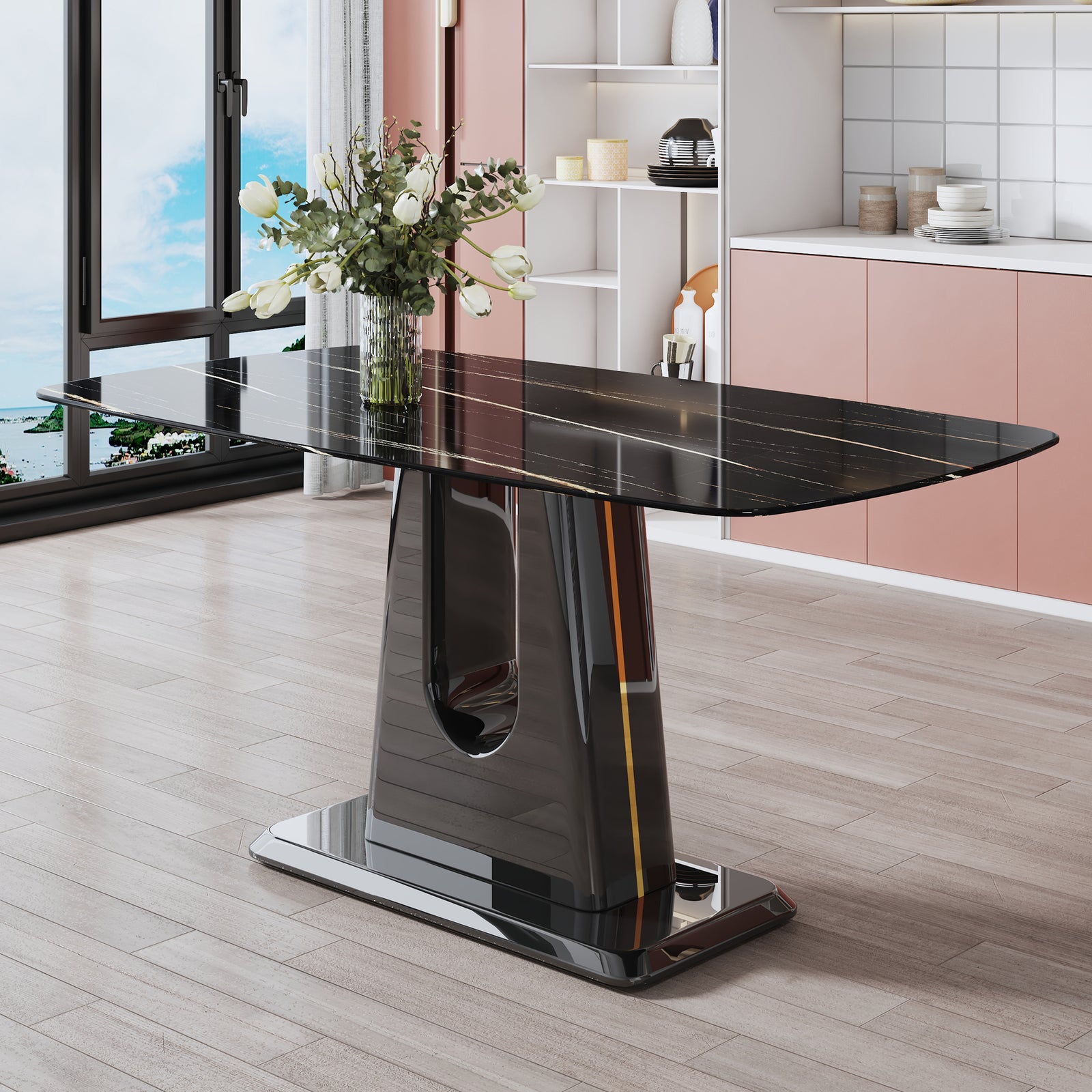 Modern Dining Table with Imitation Marble Craft Glass Top