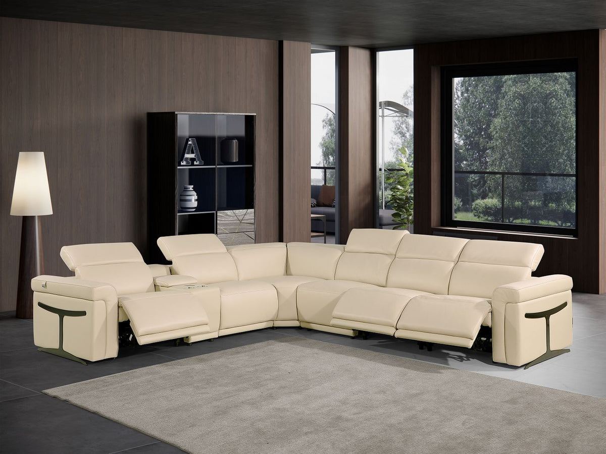 DivanItalia 1126 7-Piece L-Shaped Sectional Sofa in Top Grain Italian Leather with 3 Power Recliners & Power Headrests - Beige