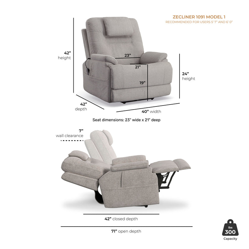 Zecliner Model 1 Fabric Power Sleep Recliner with Power Headrest & Lumbar in Dove