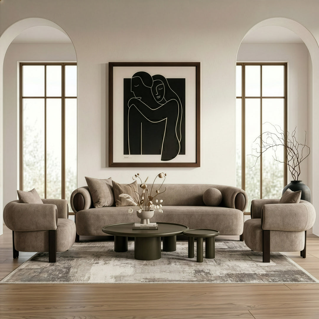 Arnaud - Modern Tan Fabric + Brown Oak Sofa