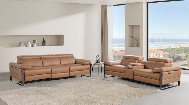 DivanItalia 1246 Modular Power Triple Reclining Sofa and Console Loveseat Set with Power Headrests – Top Grain Italian Leather - Cognac