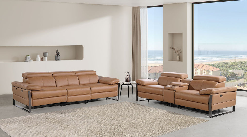 DivanItalia 1246 Modular Power Triple Reclining Sofa and Console Loveseat Set with Power Headrests – Top Grain Italian Leather - Cognac