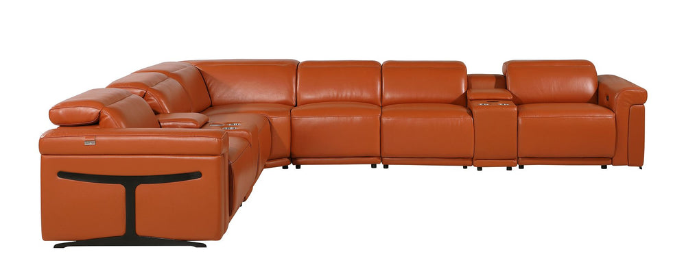 DivanItalia 1126 8-Piece L-Shaped Sectional Sofa in Top Grain Italian Leather with 4 Power Recliners & Power Headrests - Camel