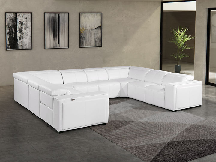 DivanItalia 1224 8-Piece U-Shaped Sectional Sofa in Top Grain Italian Leather with 4 Power Recliners &amp; Power Headrests – with Console - White