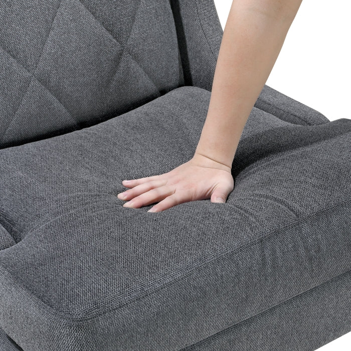 Gray fabric sofa with a hand resting on it, on a white background