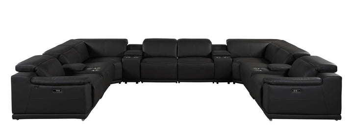 DivanItalia 9762 12-Piece U Shaped Top Grain Italian Leather Sectional Sofa with 4 Power Recliners - Black