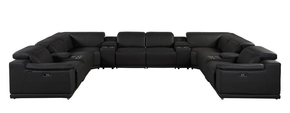 DivanItalia 9762 12-Piece U Shaped Top Grain Italian Leather Sectional Sofa with 4 Power Recliners - Black