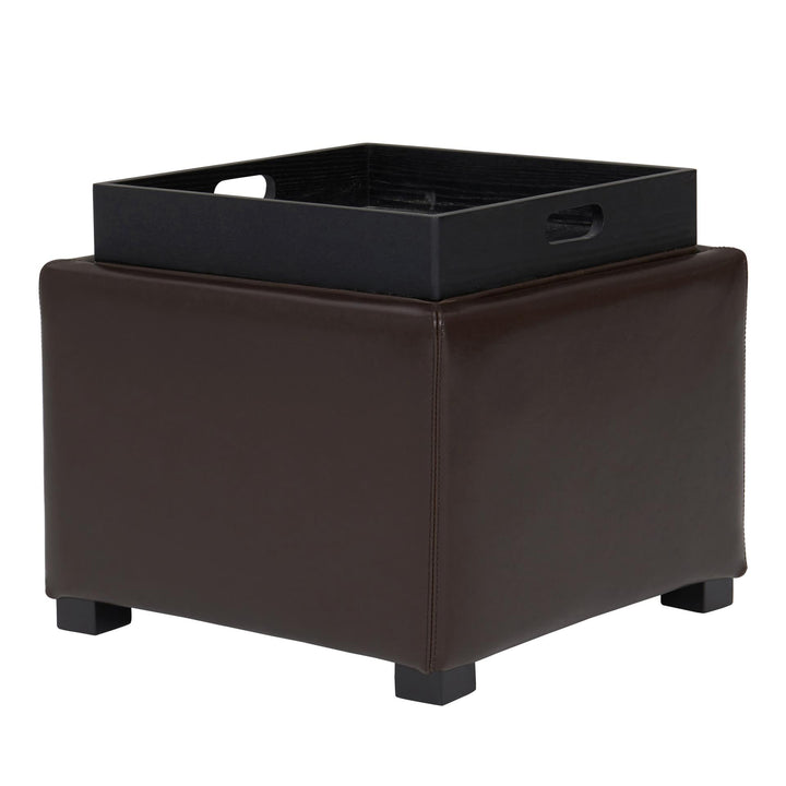 Cameron Leather Square Storage Ottoman with Tray - Brown - view 6