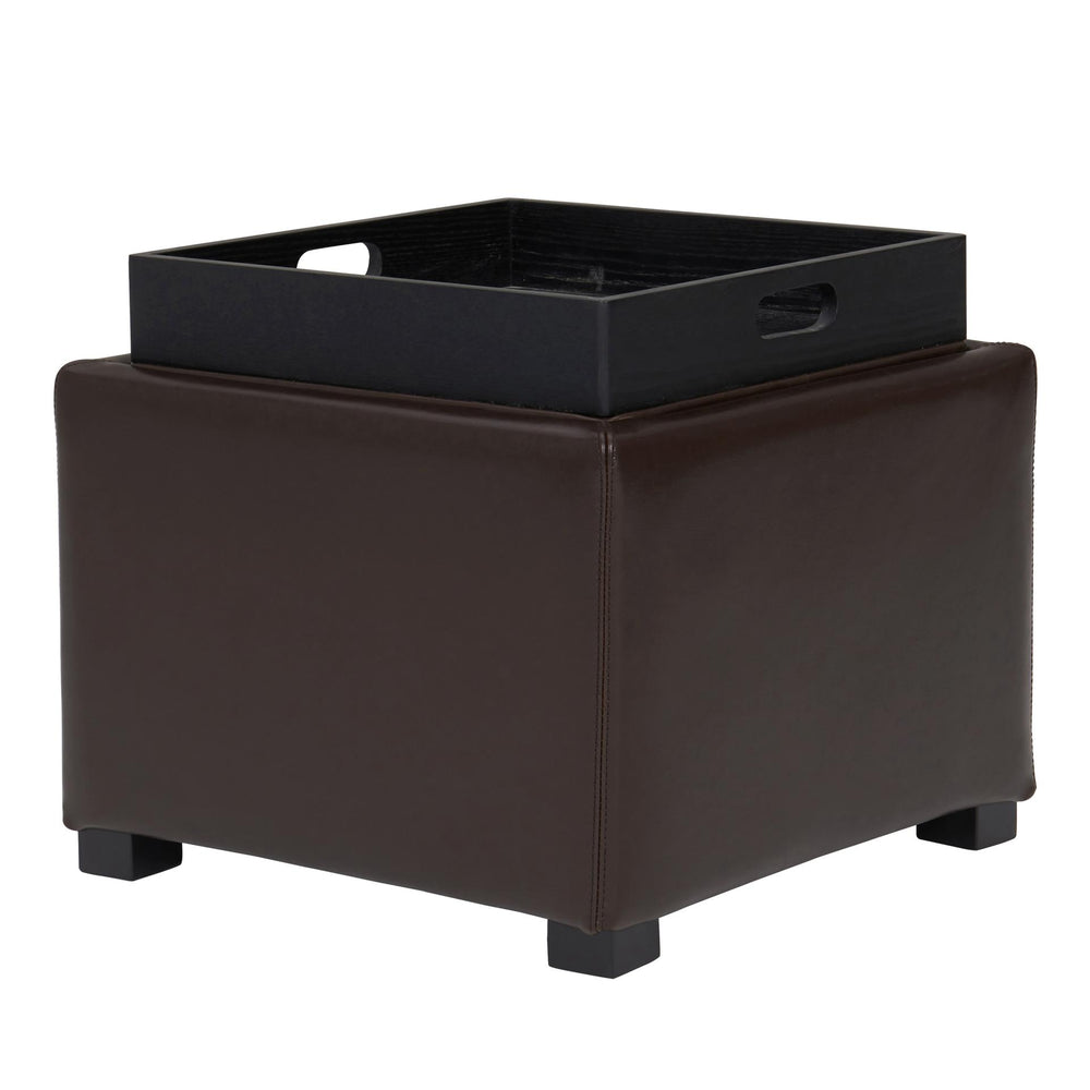 Cameron Leather Square Storage Ottoman with Tray - Brown - view 6