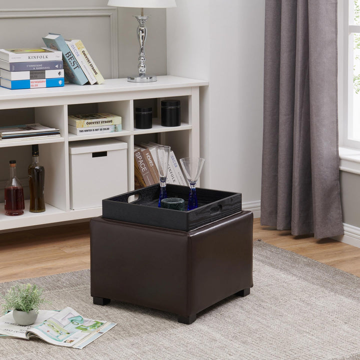 Cameron Leather Square Storage Ottoman with Tray - Brown - view 3
