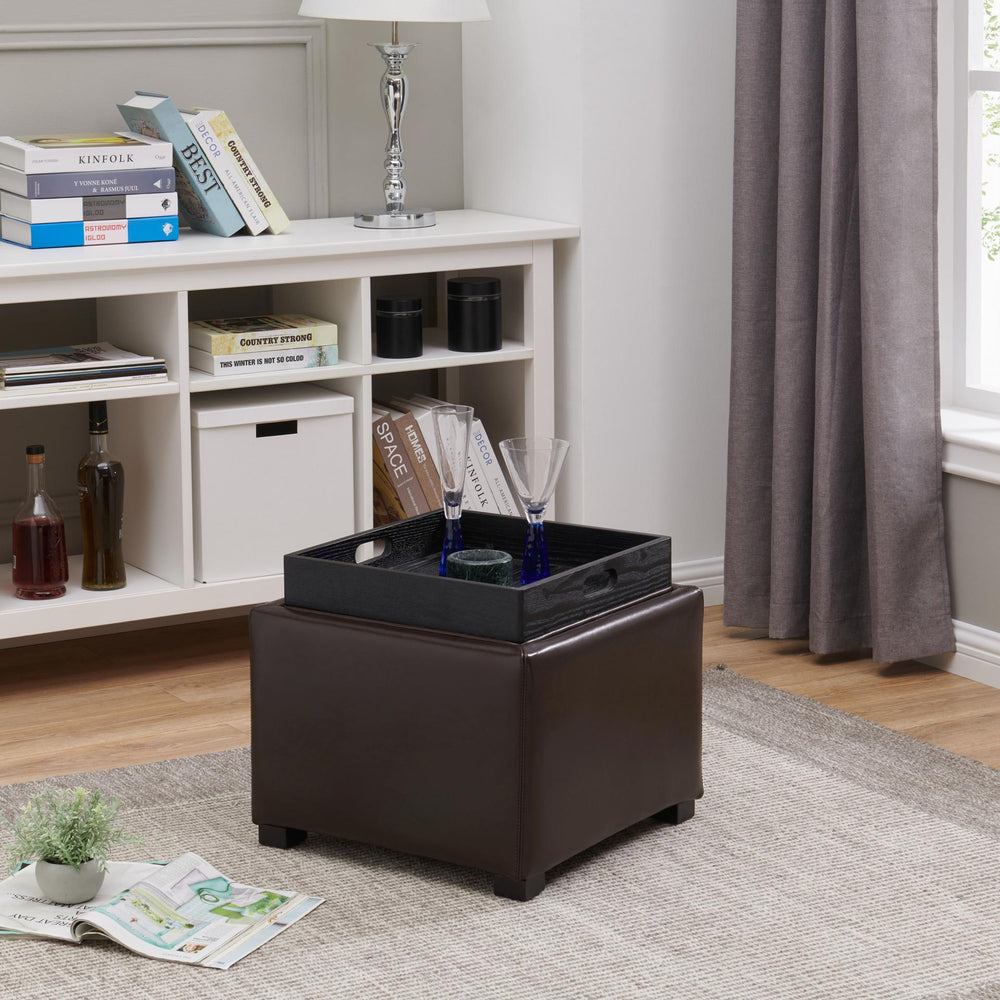Cameron Leather Square Storage Ottoman with Tray - Brown - view 3