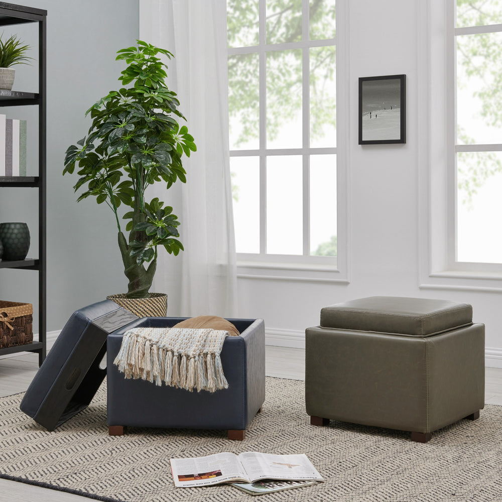 Cameron Bonded Leather Square Storage Ottoman with Tray - Vintage Blue - view 3