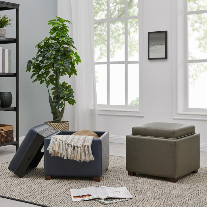 Cameron Bonded Leather Square Storage Ottoman with Tray - Vintage Blue - view 3