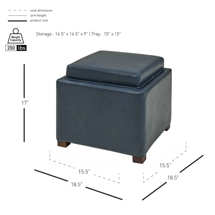 Cameron Bonded Leather Square Storage Ottoman with Tray - Vintage Blue - view 2