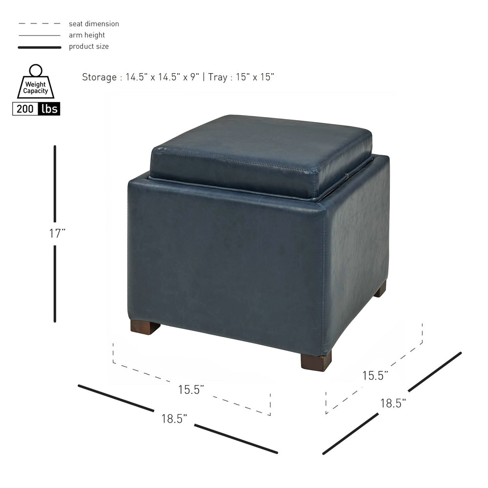 Cameron Bonded Leather Square Storage Ottoman with Tray - Vintage Blue - view 2