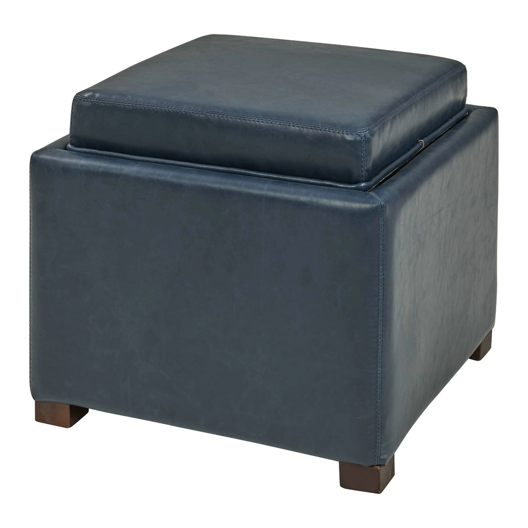 Cameron Bonded Leather Square Storage Ottoman with Tray - Vintage Blue