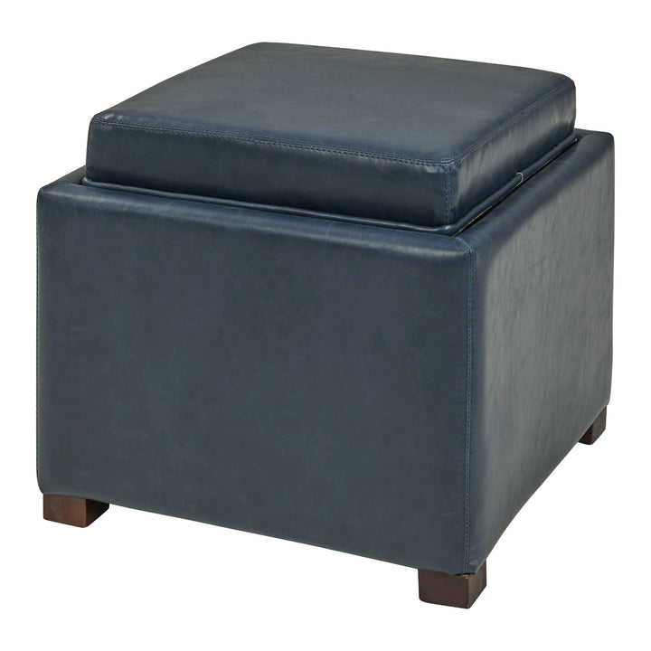 Cameron Bonded Leather Square Storage Ottoman with Tray - Vintage Blue
