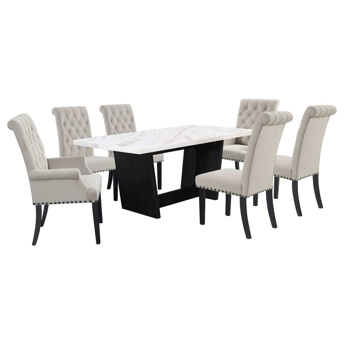Sherry - 7 Piece Rectangular Marble Top Dining Table Set - Sand