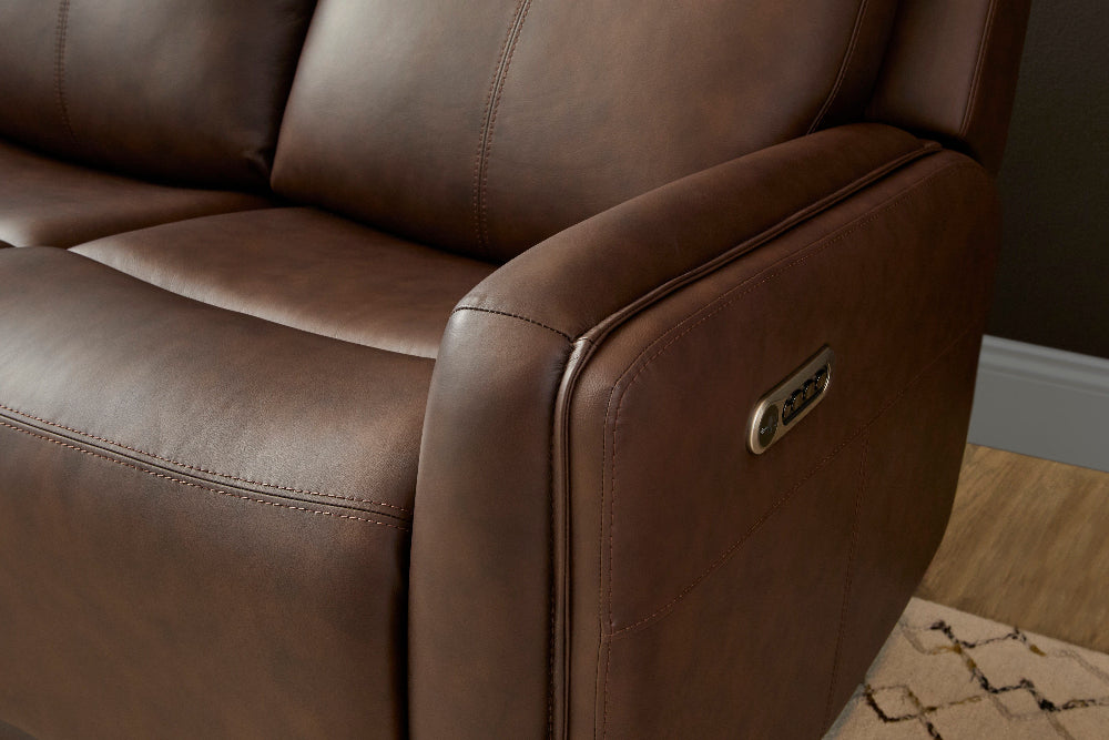 Alister Leather Power Gliding Sofa with Power Headrests & Lumbar in Burnt Umber