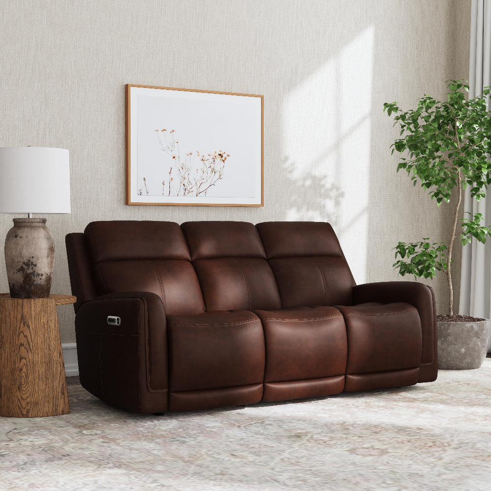 Alister Leather Power Gliding Sofa with Power Headrests & Lumbar in Burnt Umber
