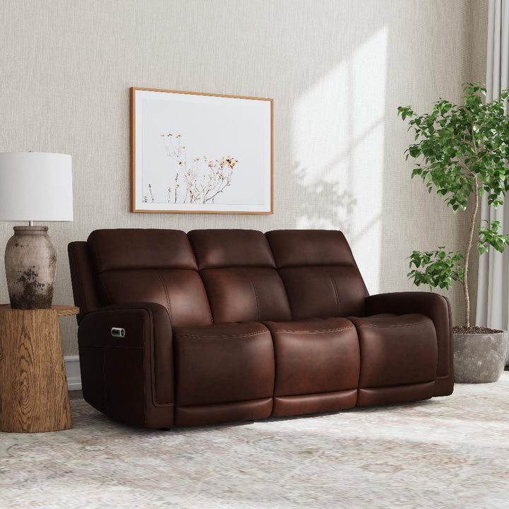 Alister Leather Power Gliding Sofa with Power Headrests &amp; Lumbar in Burnt Umber