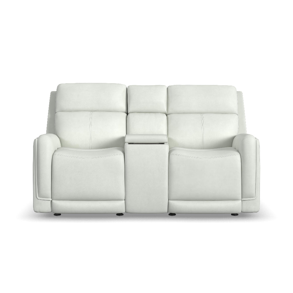 Alister Leather Power Gliding Loveseat with Console, Power Headrests & Lumbar in Porcelain