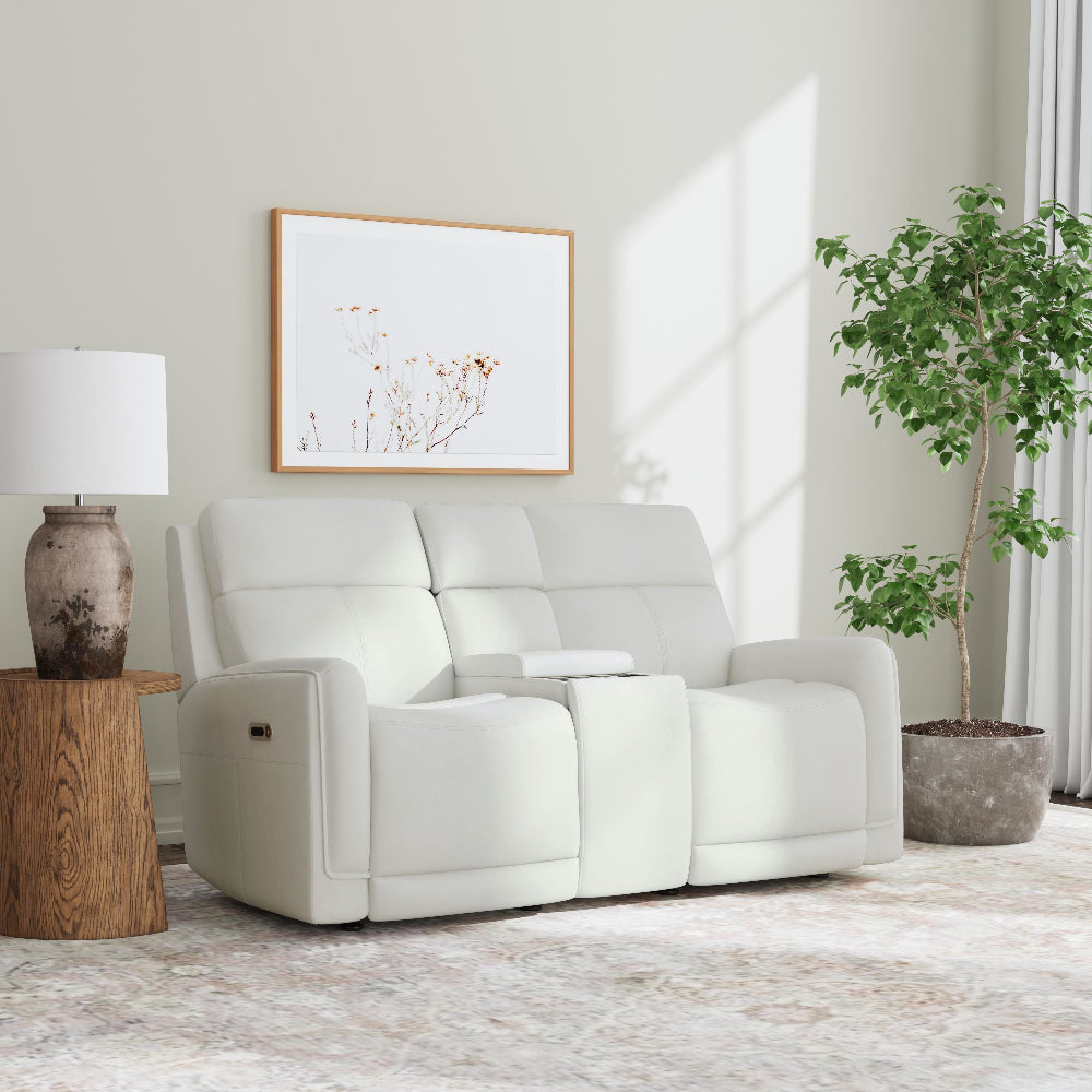 Alister Leather Power Gliding Loveseat with Console, Power Headrests & Lumbar in Porcelain