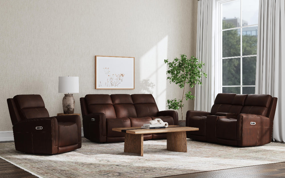 Alister Leather Power Gliding Loveseat with Console, Power Headrests & Lumbar in Burnt Umber